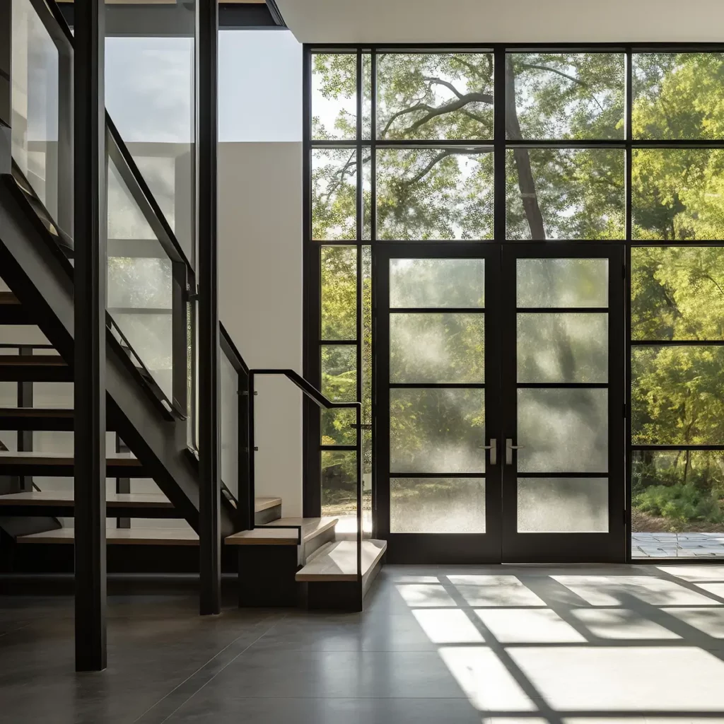 Verrière intérieure sur mesure avec structure métal noir et escalier contemporain, apportant lumière naturelle dans un espace de vie moderne